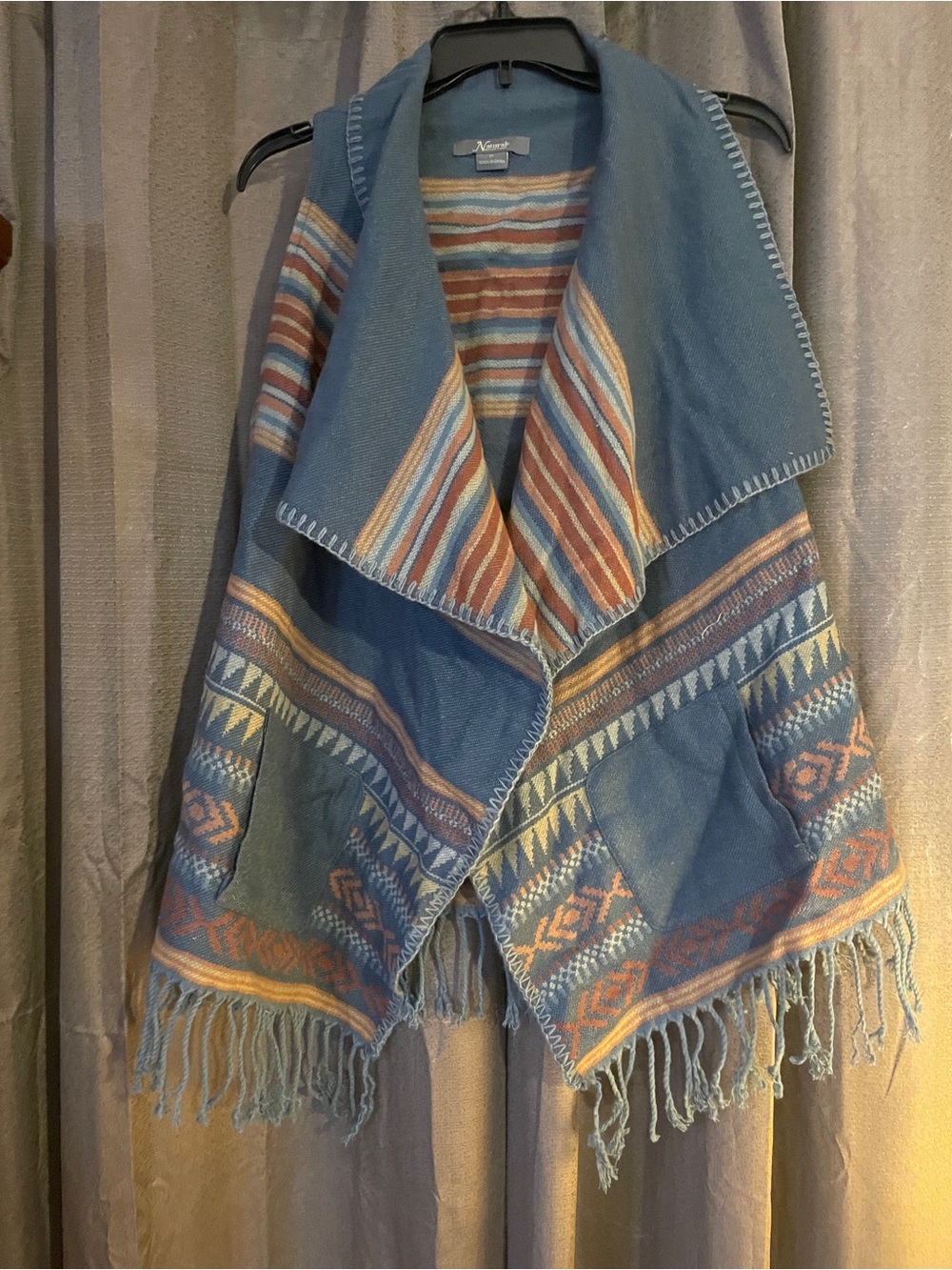 Natural Reflections Blue Striped Fringe Open-Front Vest